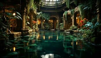 Nighttime reflection of famous architecture, indoors, illuminated by lighting equipment generated by AI photo