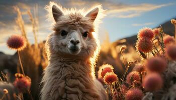 linda alpaca pasto en prado, mirando a cámara, mullido piel generado por ai foto