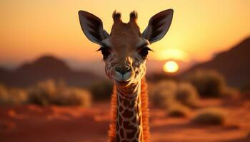 jirafa en atardecer, África belleza, fauna silvestre aventura, naturaleza cautivador retrato generado por ai foto