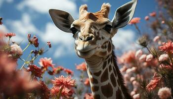 Giraffe grazing on green meadow, cute portrait of nature beauty generated by AI photo