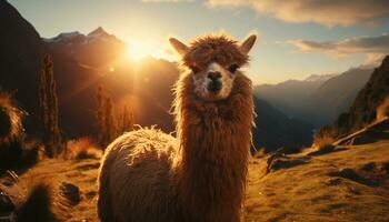 alpaca pasto en montaña prado, sonriente a cámara, capturar naturaleza belleza generado por ai foto