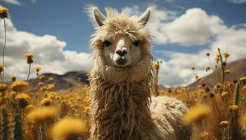 Cute alpaca grazing in a fluffy meadow, looking at camera generated by AI photo