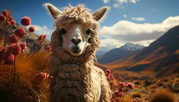 linda alpaca pasto en un montaña prado, disfrutando el verano generado por ai foto