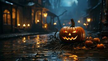 A spooky Halloween night, glowing pumpkin lanterns illuminate the dark generated by AI photo