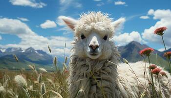 linda alpaca pasto en verde prado en hermosa rural paisaje generado por ai foto