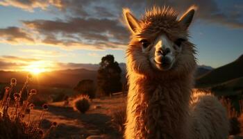 A cute alpaca smiling, looking at camera, in mountain landscape generated by AI photo