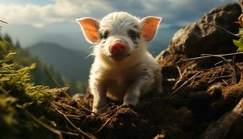 Cute piglet looking at camera in green meadow, outdoors generated by AI photo