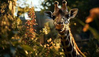 Giraffe standing in the green savannah, looking at camera generated by AI photo