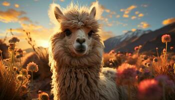 Alpaca grazing on a farm, enjoying the sunset beauty generated by AI photo