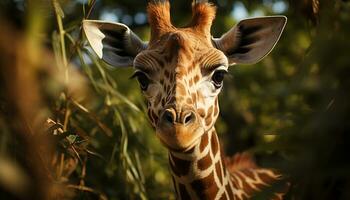 Giraffe standing in the grass, looking cute in the wild generated by AI photo