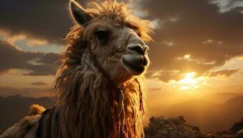 Sunset paints nature beauty, an alpaca smiles in rural landscape generated by AI photo