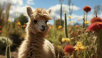 A cute alpaca grazes in the meadow, enjoying the summer sun generated by AI photo