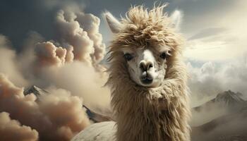 Fluffy alpaca smiles, wool glistening, in stunning mountain landscape generated by AI photo