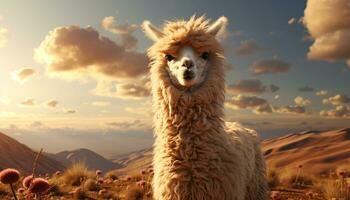 Fluffy alpaca in the sunset, grazing on a mountain pasture generated by AI photo