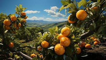 Fresh orange fruit on a tree, ripe and full of freshness generated by AI photo