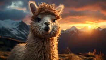 A cute alpaca smiles, looking at camera, in snowy mountains generated by AI photo