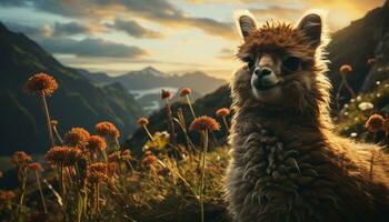 A cute alpaca grazing in a green meadow at sunset generated by AI photo