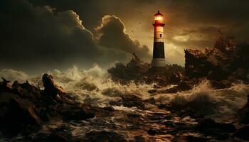 Coastline waves crash, danger lurks, beacon guides, nature illuminated beauty generated by AI photo