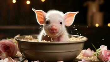 Cute pink piglet enjoys a meal in the outdoors generated by AI photo