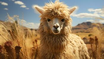 Cute alpaca grazing on grass in rural mountain meadow generated by AI photo