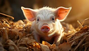 linda cerdito roza en prado, disfrutando naturaleza orgánico comida generado por ai foto