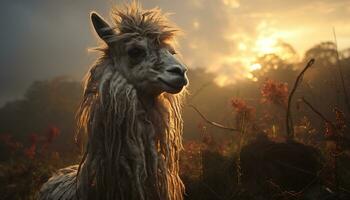A cute alpaca grazes in the meadow, bathed in sunlight generated by AI photo