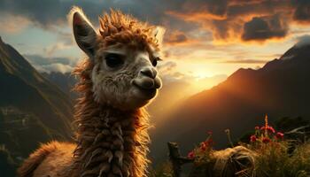 A cute alpaca smiles at the camera in a mountain meadow generated by AI photo