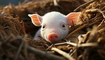 linda cerdito en un granja, creciente en naturaleza ganado guardería generado por ai foto