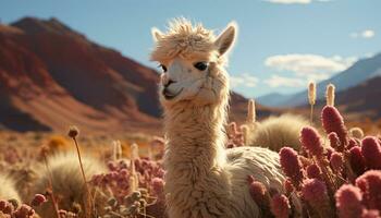 A fluffy alpaca in the mountain pasture, close up portrait of nature beauty generated by AI photo