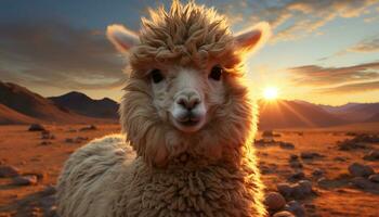 A cute alpaca smiles at the camera in a rural sunset generated by AI photo