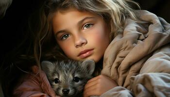 A cute child embraces a small puppy, pure love and happiness generated by AI photo