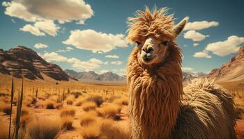 A smiling alpaca in the mountain landscape, fur shining in sunlight generated by AI photo