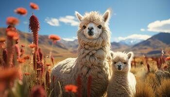 Cute alpaca grazing on grass in beautiful rural landscape generated by AI photo