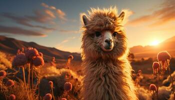 A majestic alpaca grazes peacefully in the golden sunset generated by AI photo