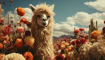 A cute alpaca in a meadow, surrounded by beautiful nature generated by AI photo