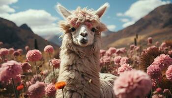 Cute alpaca grazing on grass in beautiful mountain landscape generated by AI photo