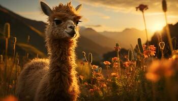 A cute alpaca grazes in the meadow, bathed in sunset generated by AI photo