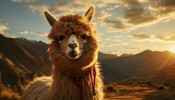 A cute alpaca gazes at the sunset in the meadow generated by AI photo