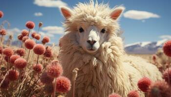 un mullido alpaca en un prado, rodeado por hermosa naturaleza generado por ai foto