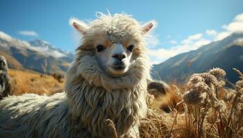 un linda alpaca roza en el prado, rodeado por naturaleza generado por ai foto