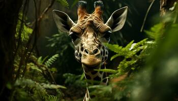 Giraffe in the wild, looking at camera, surrounded by green generated by AI photo