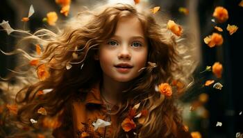 Smiling cute girls in autumn, enjoying nature beauty and happiness generated by AI photo