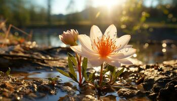 A tranquil scene of a wet meadow with pink lotus generated by AI photo