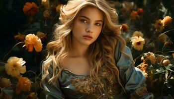 A beautiful young woman with long blond hair and elegance generated by AI photo