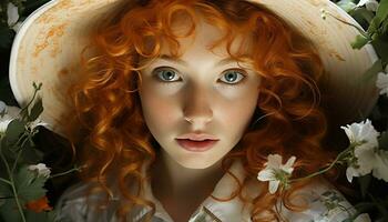 A beautiful young woman with curly hair, looking at the camera generated by AI photo