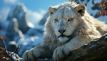 majestuoso león, Rey de el sabana, miradas dentro el cámara generado por ai foto