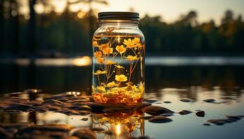 Refreshing autumn drink on a wooden table, reflecting nature beauty generated by AI photo