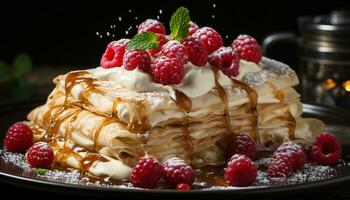 Freshness and sweetness on a plate, raspberry pancake with chocolate generated by AI photo