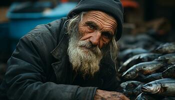 A smiling senior man, dirty and wet, working on a farm generated by AI photo