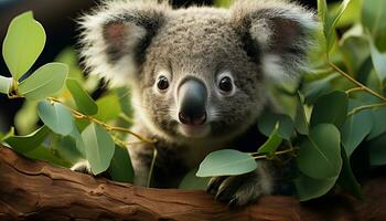 A cute koala sits on a branch, looking at the camera generated by AI photo
